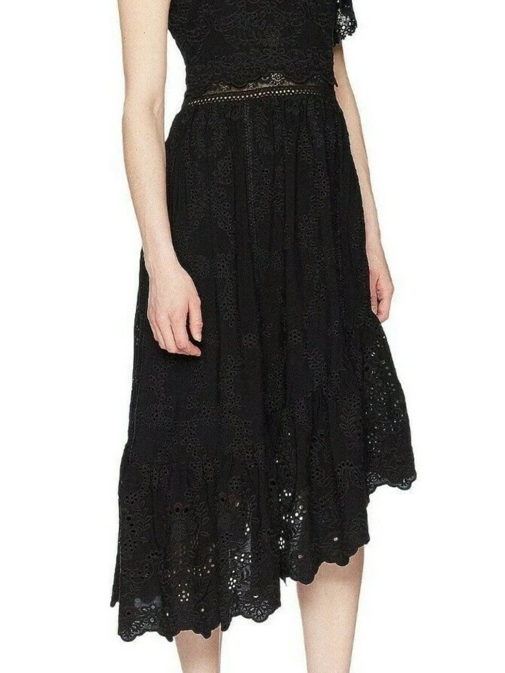 The Kooples Black Eyelet One Shoulder High Low Midi Dress Sz 3 - Picture 3 of 13